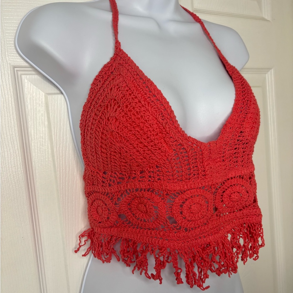 Sans Souci Women's Coral Crochet Padded Halter Beach Festival Bikini Top Size: L
